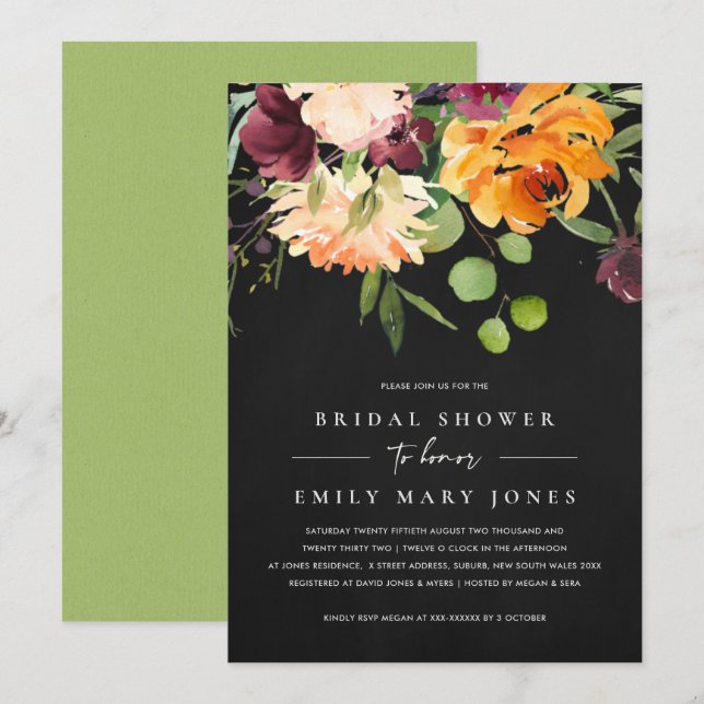 BLACK CHALKBOARD YELLOW ORANGE FLORA BRIDAL SHOWER INVITATION (Front/Back)