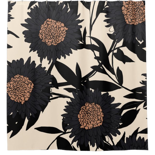 Black chamomile, gerbera: cream background. shower curtain (Front)