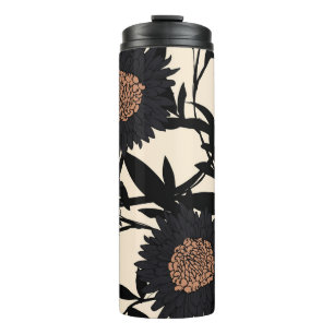 Black chamomile, gerbera: cream background. thermal tumbler