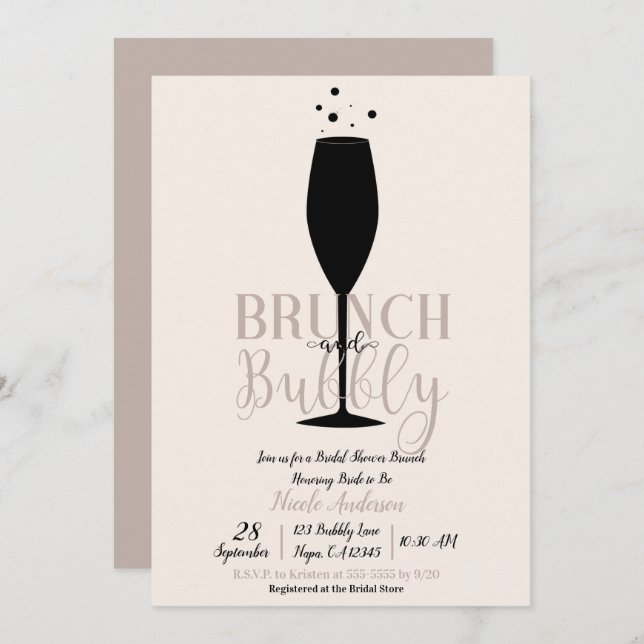 Black Champagne Glass Brunch Bubbly Bridal Brunch Invitation (Front/Back)