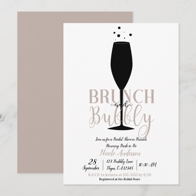 Black Champagne Glass Brunch Bubbly Bridal Brunch Invitation (Front/Back)