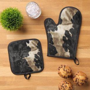 Black Champagne Gold Cowboy Cowgirl Cowhide   Oven Mitt & Pot Holder Set