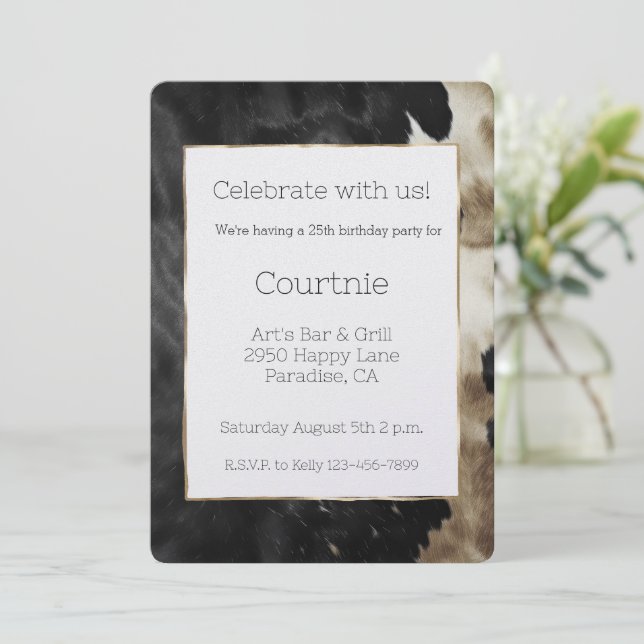 Black Champagne Gold Cowhide Birthday Invitation (Standing Front)
