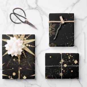 Black & Champagne Gold Starbursts & Stardust Wrapping Paper Sheet