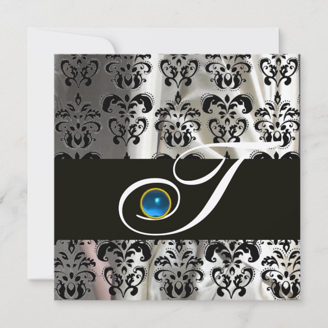 BLACK CHAMPAGNE SILK DAMASK MONOGRAM BLUE SAPPHIRE INVITATION (Front)