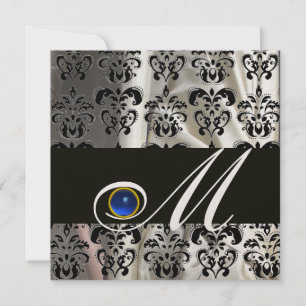BLACK CHAMPAGNE SILK DAMASK MONOGRAM BLUE SAPPHIRE INVITATION