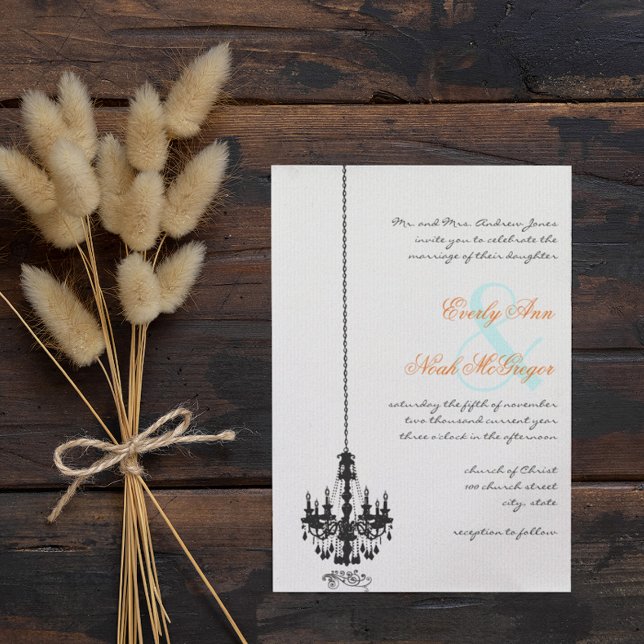 Black Chandelier Coral Turquoise Damask Wedding Invitation (Creator Uploaded)