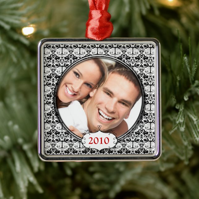 Black Chandelier Damask Photo Christmas Ornament (Tree)