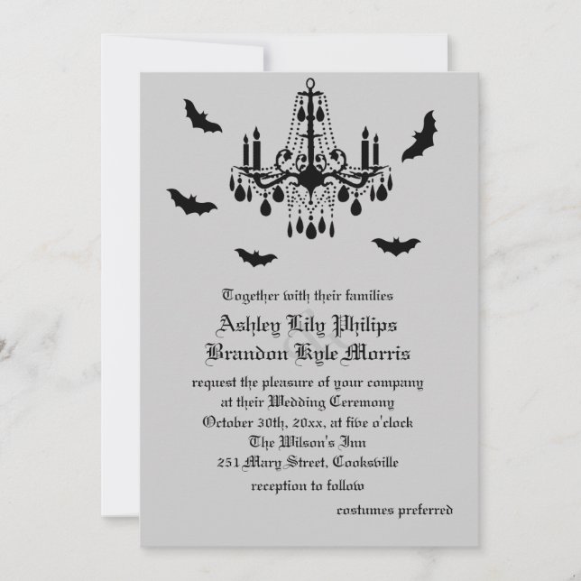 Black Chandelier & Damask Wedding Invitation (Front)