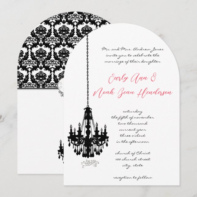 Black Chandelier Damask Wedding Invitations (Front/Back)