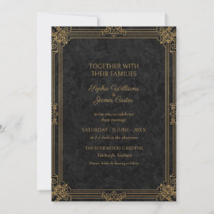 Black Charcoal Gold Art Deco Wedding Invitation