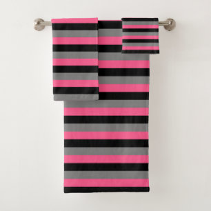 Black, Charcoal Grey and Hot Pink Stripes Bath Towel Set