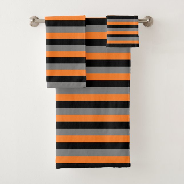 Black, Charcoal Grey and Orange Stripes Bath Towel Set (Insitu)