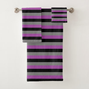 Black, Charcoal Grey and Purple Stripes Bath Towel Set