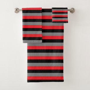 Black, Charcoal Grey and Red Stripes Bath Towel Set