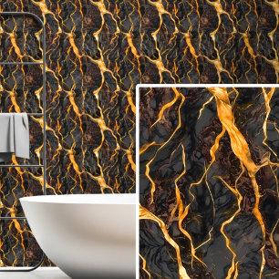 Black Charcoal Grey Brown & Bright Gold Marbled Wallpaper