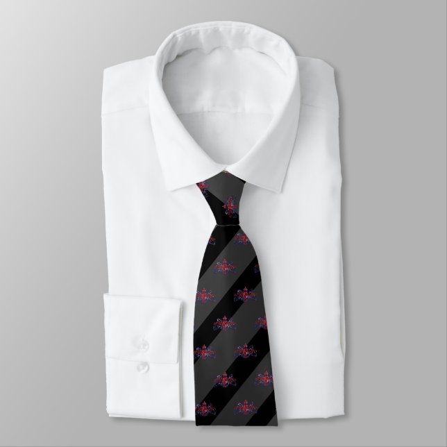 Black & Charcoal Grey Stripe Red U.J. Lion Emblem Tie (Tied)