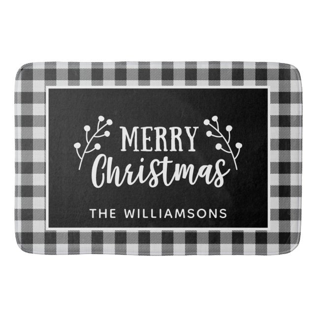 Black Check Merry Christmas  Farmhouse Door Bath Mat (Front)