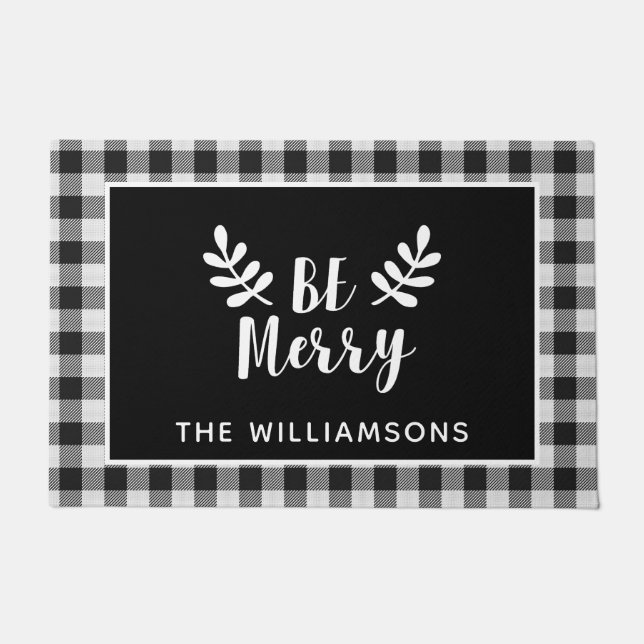 Black Check Merry Christmas  Farmhouse Door Doormat (Front)
