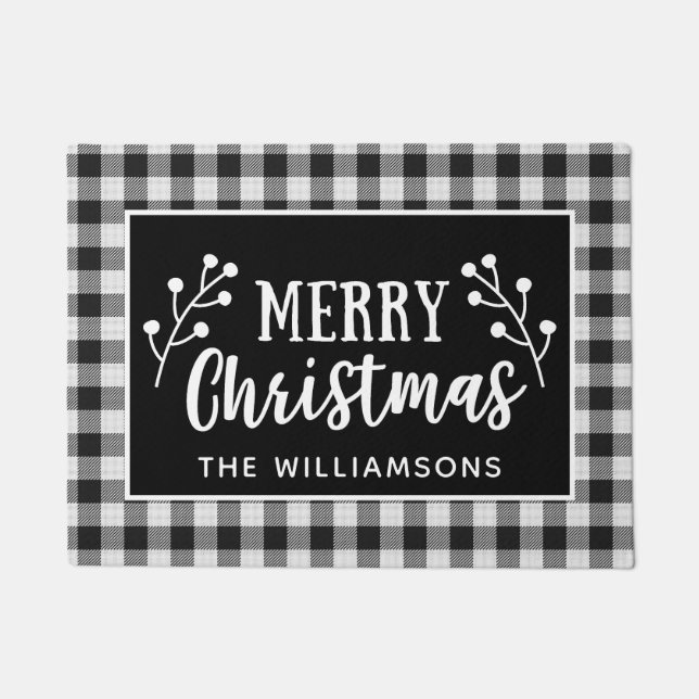 Black  Check Merry Christmas  Farmhouse Door Doormat (Front)