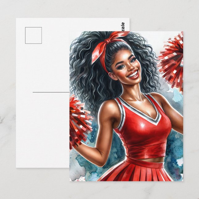Black Cheerleader In Red Watercolor Postcard (Front/Back)