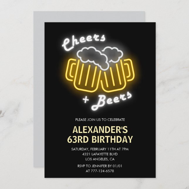 Black Cheers and Beers Drinks 63rd birthday Invitation (Front/Back)