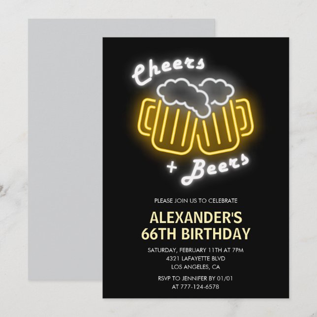 Black Cheers and Beers Drinks 66th birthday Invitation (Front/Back)