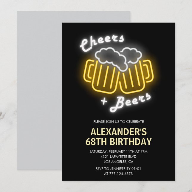 Black Cheers and Beers Drinks 68th birthday Invitation (Front/Back)