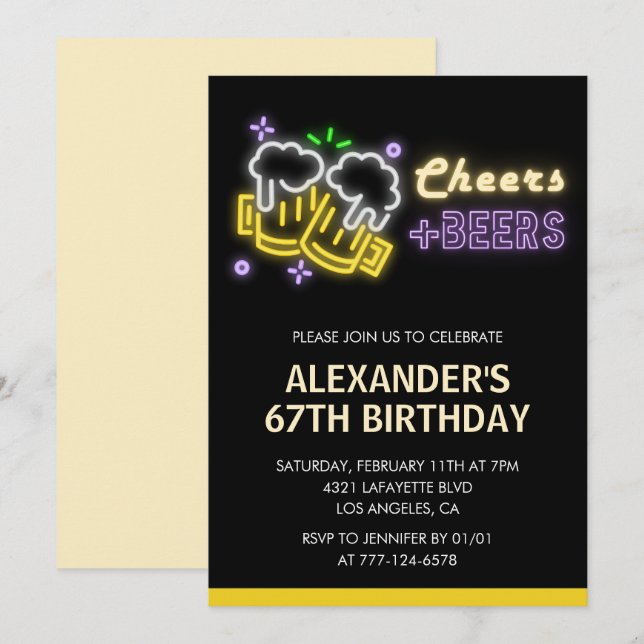 Black Cheers Beer Drinks 67th birthday invitation (Front/Back)