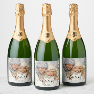 Black Cheers Elegant Calligraphy Photo Sparkling Wine Label