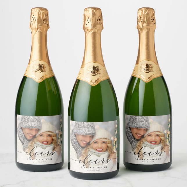 Black Cheers Elegant Calligraphy Photo Sparkling Wine Label (Bottles)