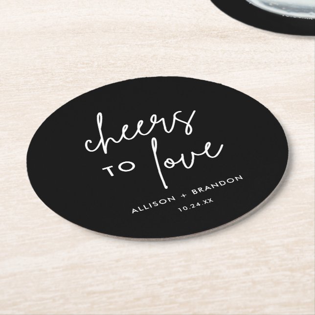 Black Cheers To Love Personalised Wedding Round Paper Coaster (Angled)