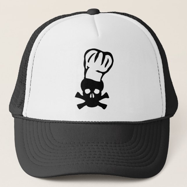 black chef skull chefs head cook trucker hat (Front)