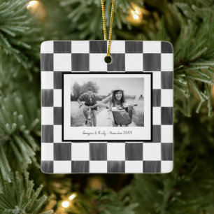 Black Chequerboard Personalised Photo Ceramic Ornament