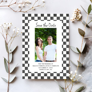 Black Chequerboard Photo Save the Date Invitation