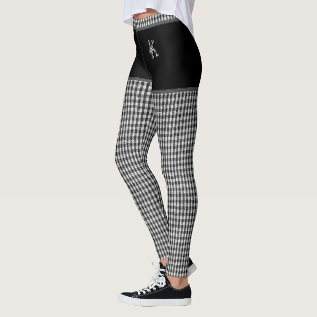 Black Chequered Fabric Print Monogram Personalised Leggings (Left)
