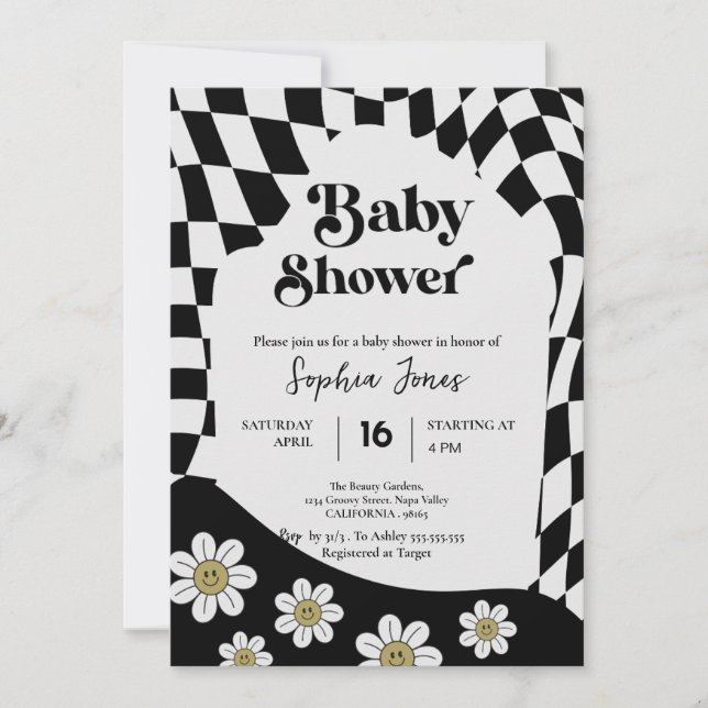 Black Chequered Girl | Gingham | 70s baby shower I Invitation (Front)