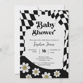 Black Chequered Girl | Gingham | 70s baby shower I Invitation