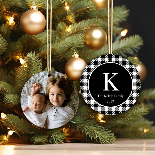 Black Chequered Plaid Personalised Monogram Photo Ceramic Tree Decoration (Creator Uploaded)