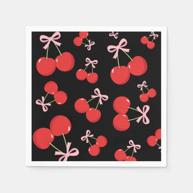 Black Cherries Pink Bow Coquette Birthday Party Napkin (Front)