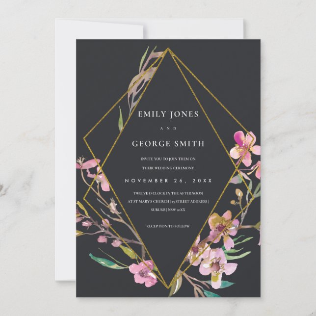 BLACK CHERRY BLOSSOM FLORAL FRAME WEDDING INVITE (Front)