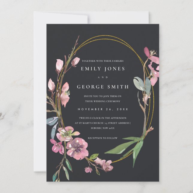 BLACK CHERRY BLOSSOM FLORAL WREATH WEDDING INVITE (Front)