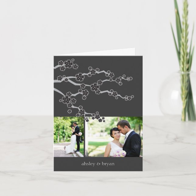 Black Cherry Blossoms Photo Collage Asian Wedding Thank You Card (Front)