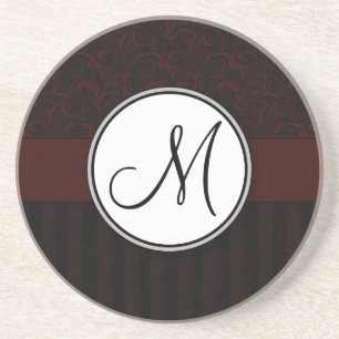Black Cherry Floral Wisps & Stripes with Monogram Coaster