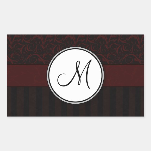 Black Cherry Floral Wisps & Stripes with Monogram Rectangular Sticker (Front)