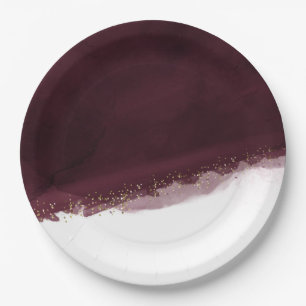 Black Cherry Watercolor & Gold Modern Chic Elegant Paper Plate