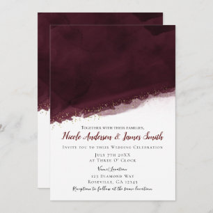 Black Cherry Watercolor & Gold Modern Chic Wedding Invitation