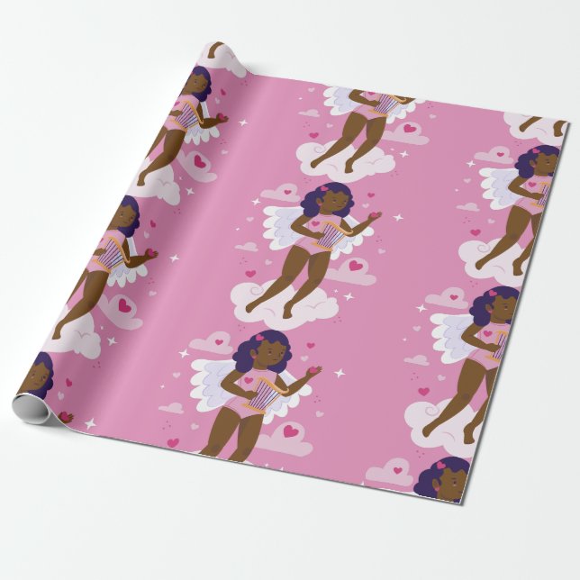 black cherub african angel harp hearts clouds wrapping paper (Unrolled)