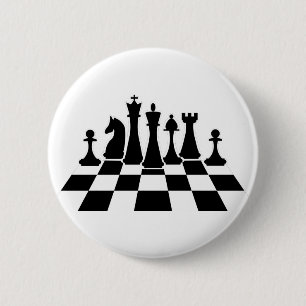 Black chess pieces on a chessboard 6 cm round badge