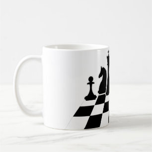 Black chess pieces on a chessboard coffee mug
